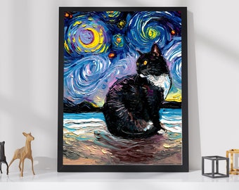 Tuxedo Cat with Starry Night Beach Landscape Art Print Black and White Cat Artwork Coastal Home Decorations Fine Art Print Wall Accents