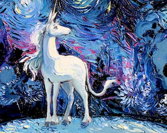 Last Unicorn Art - Starry Night rectangular print van Gogh Never Saw The Last by Aja 9x12 and 18x24 inches choose your size