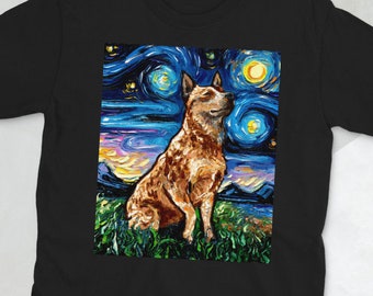 Shirt - Red Heeler Starry Night Dog Short-Sleeve Unisex T-Shirt Art by Aja Soft top clothing Australian Cattle Dog