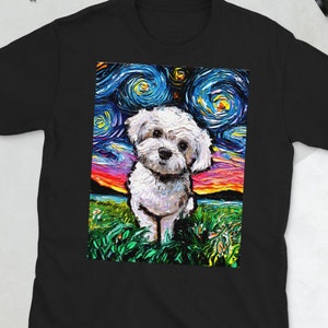 Shirt - Maltipoo Starry Night Dog Short-Sleeve Unisex T-Shirt Art by Aja Soft top clothing Maltese Poodle Mix little white puppy