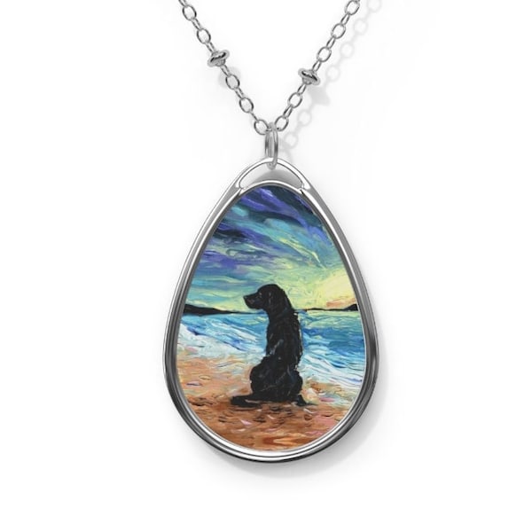 Beach Days - Black Labrador 1.5x1 inch Oval Pendant on 20.47 inch Chain Necklace Jewelry Art by Aja Sunset Ocean Coastal accessories