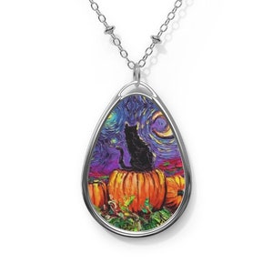 Starry Hallows&#39; Eve Halloween Black Cat 1.5x1 inch Oval Pendant on 20.47 inch Chain Necklace Hypoallergenic Jewelry Featuring Art by Aja