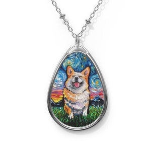 Smiling Pembroke Welsh Corgi Starry Night Dog 1.5x1 inch Oval Pendant on 20.47 inch Chain Necklace Jewelry Featuring Art by Aja