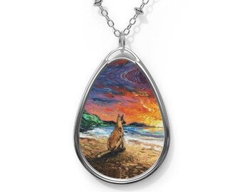 Beach Days Belgian Malinois Shepherd Dog 1.5x1 inch Oval Pendant on 20.47 inch Chain Necklace Jewelry Art by Aja