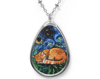 Sleeping Orange Tabby Cat Starry Night 1.5x1 inch Oval Pendant on 20.47 inch Chain Necklace Jewelry Featuring Art by Aja