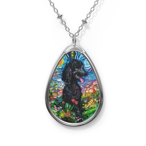 Black Standard Poodle and Flowers Starry Night Dog 1.5x1 inch Oval Pendant on 20.47 inch Chain Necklace Jewelry Featuring Art by Aja