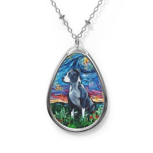 Pitbull Starry Night Dog 1.5x1 inch Oval Pendant on 20.47 inch Chain Necklace Jewelry Featuring Art by Aja