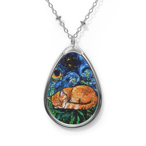 Sleeping Orange Tabby Cat Starry Night 1.5x1 inch Oval Pendant on 20.47 inch Chain Necklace Jewelry Featuring Art by Aja