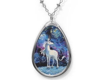 Unicorn Starry Night 1.5x1 inch Oval Pendant on 20.47 inch Chain Necklace Hypoallergenic Jewelry Featuring Fantasy Art by Aja