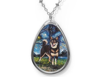 Black and Tan Shiba Inu Starry Night Dog 1.5x1 inch Oval Pendant on 20.47 inch Chain Necklace Jewelry Featuring Art by Aja
