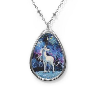 Unicorn Starry Night 1.5x1 inch Oval Pendant on 20.47 inch Chain Necklace Hypoallergenic Jewelry Featuring Fantasy Art by Aja