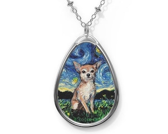 Tan Short Hair Chihuahua Starry Night Dog 1.5x1 inch Oval Pendant on 20.47 inch Chain Necklace Jewelry Featuring Art by Aja
