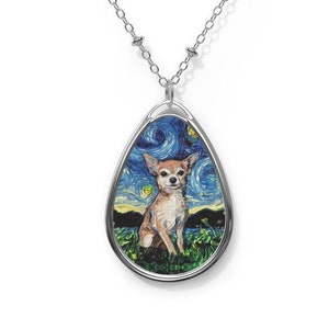 Tan Short Hair Chihuahua Starry Night Dog 1.5x1 inch Oval Pendant on 20.47 inch Chain Necklace Jewelry Featuring Art by Aja
