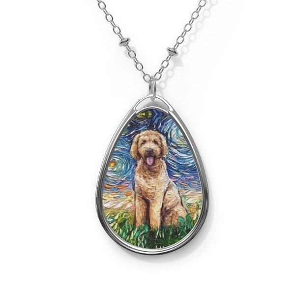 Goldendoodle Starry Night Dog 1.5x1 inch Oval Pendant on 20.47 inch Chain Necklace Jewelry Featuring Art by Aja