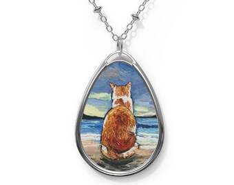 Tabby Cat Beach Art Necklace, Coastal Jewelry