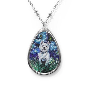 Westie West Highland Terrier Starry Night Dog 1.5x1 inch Oval Pendant on 20.47 inch Chain Necklace Jewelry Featuring Art by Aja