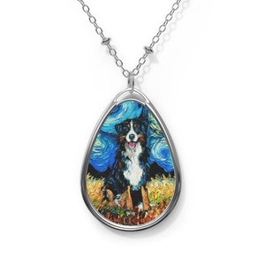 Bernese Mountain Dog Starry Night Dog 1.5x1 inch Oval Pendant on 20.47 inch Chain Necklace Jewelry Featuring Art by Aja