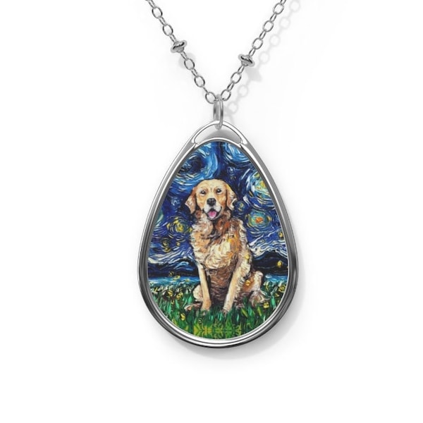 Golden Retriever Starry Night Dog 1.5x1 inch Oval Pendant on 20.47 inch Chain Necklace Jewelry Featuring Art by Aja