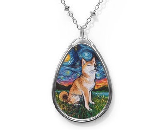 Shiba Inu Starry Night Shibe Dog 1.5x1 inch Oval Pendant on 20.47 inch Chain Necklace Jewelry Featuring Art by Aja