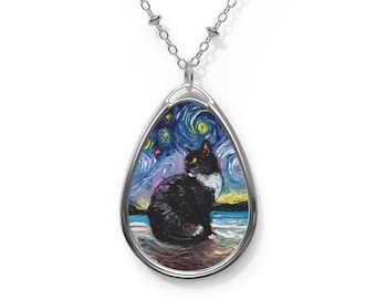 Yellow Eyed Tuxedo Cat at the Beach Starry Night 1.5x1 inch Oval Pendant on 20.47 inch Chain Necklace Jewelry Featuring Art by Aja