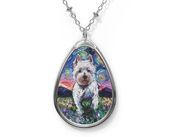 Westie West Highland Terrier and Flowers Starry Night Dog 1.5x1 inch Oval Pendant on 20.47 inch Chain Necklace Jewelry Featuring Art by Aja