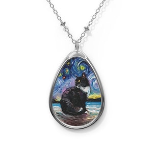 Yellow Eyed Tuxedo Cat at the Beach Starry Night 1.5x1 inch Oval Pendant on 20.47 inch Chain Necklace Jewelry Featuring Art by Aja