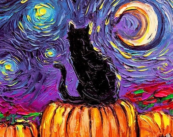 Starry Hallows' Eve Spooky 16x20 Inch Print Starry Night Black Cat