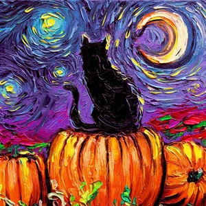 Starry Hallows' Eve spooky 16x20 inch print Starry Night black cat pumpkin patch autumn art by Aja van Gogh impressionism fall artwork