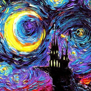 Dracula Castle 16x20 inch print Starry Night Gothic Dark art spooky Halloween decor The Haunting of van Gogh by Aja impressionism