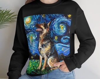 Unisex Heavy Blend Crewneck Sweatshirt German Shepherd Starry Night Australian Cattle Dog Art by Aja clothing