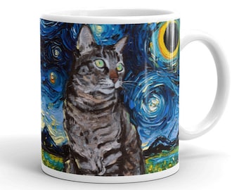 Starry Night Cat Coffee Mug, Tabby Cat Lover Art Cup