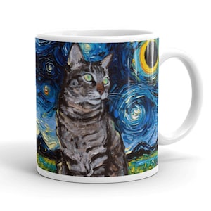 Gray Tabby Cat Coffee Mug Starry Night Cat Lover Art by Aja ceramic coffee cup artwork home goods