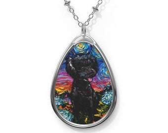 Black Poodle and Hydrangeas Starry Night Dog 1.5x1 inch Oval Pendant on 20.47 inch Chain Necklace Jewelry Featuring Art by Aja