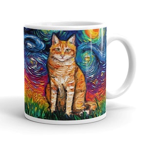 Orange Tabby Cat Coffee Mug Starry Night Cat Lover Art by Aja ceramic coffee cup artwork home goods