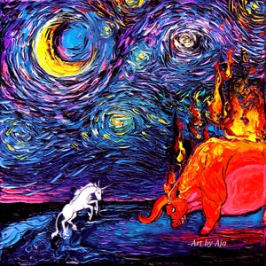 2022年制作 油彩『Last night’s dream』 Last Unicorn Art Starry Night Giclee Print Van Gogh Never