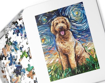 Premium Puzzle - Goldendoodle Starry Night Dog 252 Or 500 Piece Puzzles in Gift Tin Art By Aja Rainy Day Activity Free US Shipping