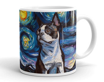 Boston Terrier Portrait Coffee Mug Dog Lover Starry Night Art by Aja ceramic cup cute black and white dog drinkware