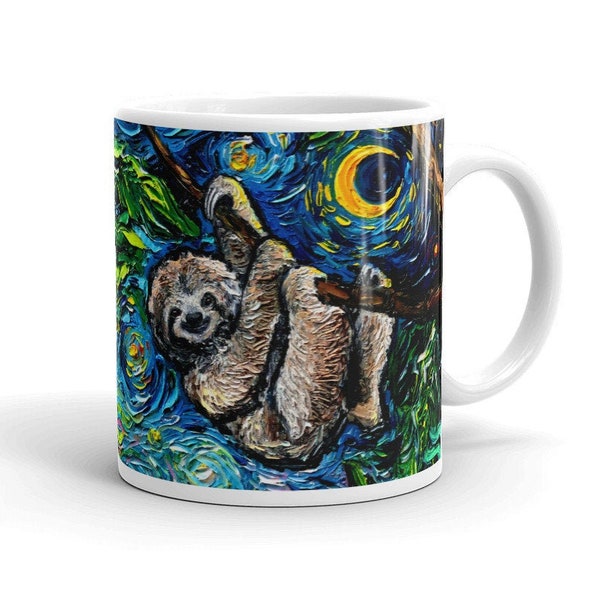 Cute Three Toed Sloth Coffee Mug Starry Night Art by Aja ceramic cup exotic animal drinkware