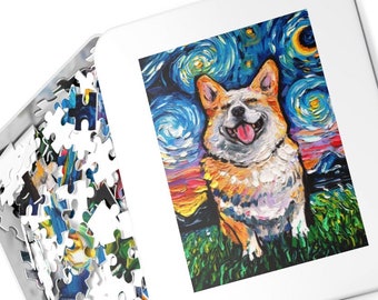 Puzzle - Smiling Pembroke Welsh Corgi Starry Night Dog 252 Or 500 Piece Puzzles in Gift Box Art By Aja Rainy Day Activity Free US Shipping