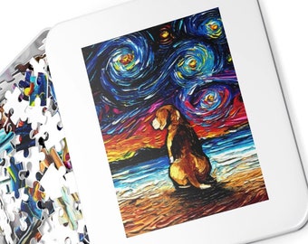 Premium Puzzle Beagle at the Beach Starry Night Dog 110, 252, or 500 pieces in Gift Tin Art By Aja Free Us Shipping