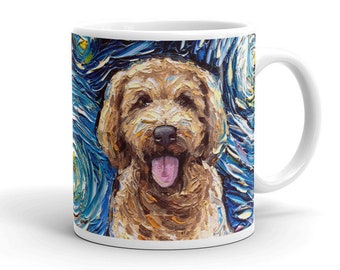 Goldendoodle Night Coffee Mug Dog Lover Starry Night Art by Aja ceramic cup Doodle Dog Portrait