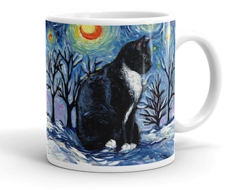 Tuxedo Cat Coffee Mug Winter Starry Night Holiday Art by Aja ceramic coffee cup home goods Christmas gift snow artwork