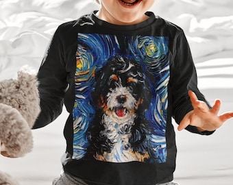 Toddler Long Sleeve Tee Bernedoodle Portrait Starry Night Dog Art by Aja Kid clothing Free US Shipping