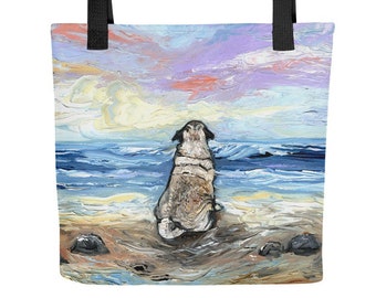 Tote Bag - Beach Days - Pug Dog handbag artwork by Aja dog lover gift 15x15 inches printed both sides Purse Reusable Grocery Bag