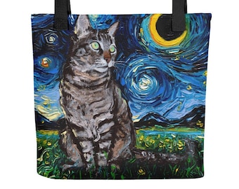 Tabby Night Cat Starry Night Tote bag handbag artwork by Aja gray kitty gym bag handbag purse