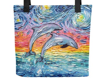 Dolphins Starry Night style Tote bag handbag artwork by Aja ocean seascape sea life beach bag