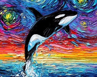 Orca Art Print - Killer whale van Gogh Never Saw Alaska by Aja 8x8, 10x10, 12x12, 20x20, and 24x24 choose size ocean seascape artwork