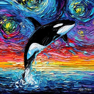 Orca Art Print - Killer whale van Gogh Never Saw Alaska by Aja 8x8, 10x10, 12x12, 20x20, and 24x24 choose size ocean seascape artwork