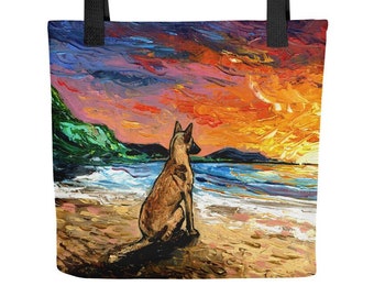 Beach Days Belgian Malinois Shepherd Tote Bag handbag artwork by Aja cute dog lover art gift Free Ship USA printed both sides