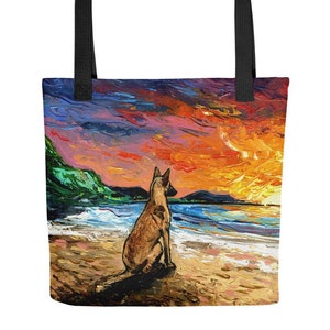 Beach Days Belgian Malinois Shepherd Tote Bag handbag artwork by Aja cute dog lover art gift Free Ship USA printed both sides